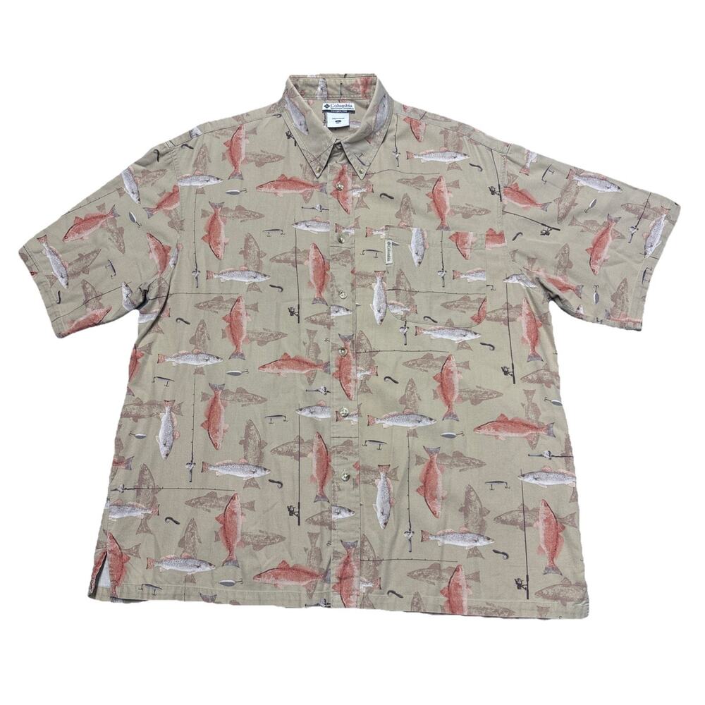 Columbia Shirt Mens XL Tan Fish Print Fishing Rod Beach Button Up Short Sleeve